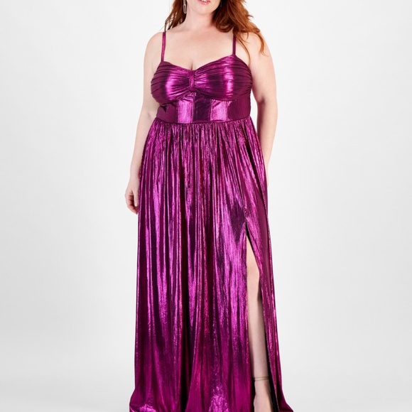 City Studios Trendy Plus Size Sweetheart-Neck Foil-Knit Gown - Magenta 14W - Picture 1 of 5